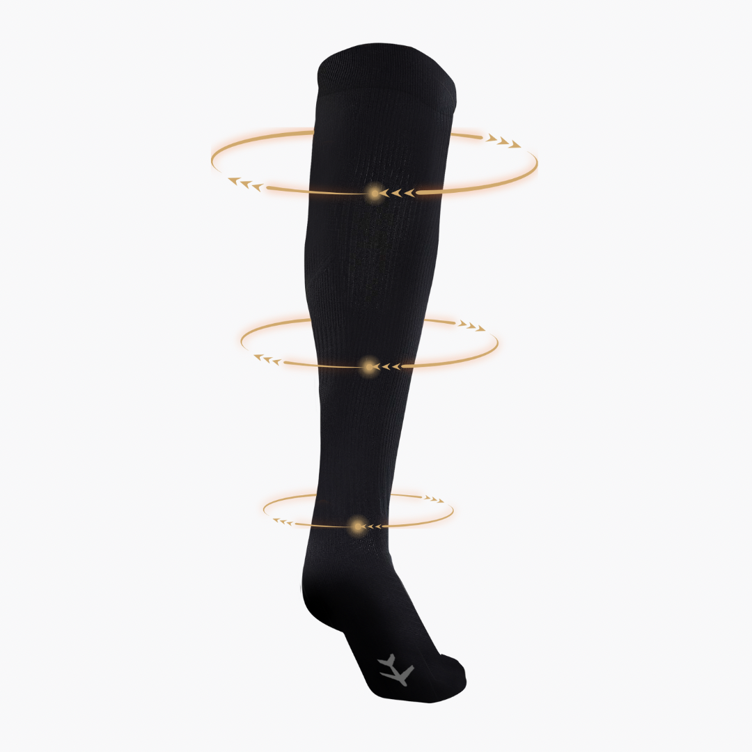 Vocksies travel / compression socks with gold bands showing decreasing pressure up the leg, increased pressure at the foot. Airplane on sole in grey